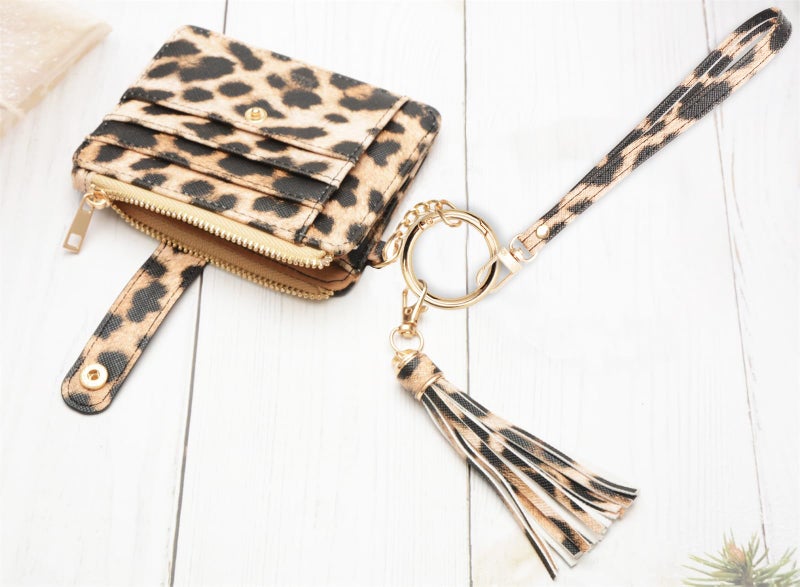 COOLANS Wristlet Bracelet Keychain Card Holder Card Pocket PU Leather Purse Tassel Keychain Bangle Key Ring for Women Girls (Card & Id Holder Purse Leopard) - Image 4